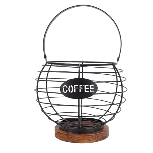 Smandy Cestello Porta Cialde caffè, Griglia in Metallo, Grande capacità Portante, Comoda Maniglia, Organizer Porta Cialde caffè, con Base in Legno per Bancone della cucinare (BLACK)