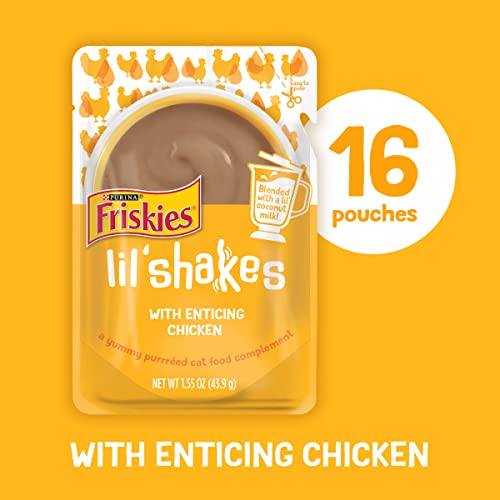 Purina Friskies Pureed Cat Food Topper, Lil’ Shakes With Enticing Chicken Lickable Cat Treats - (16) 1.55 Oz. Pouches #TOP1