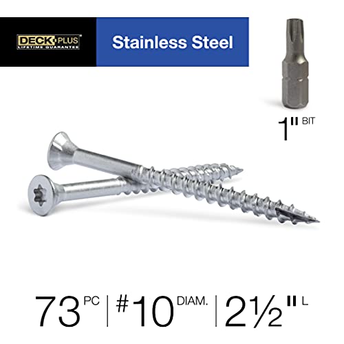 Image of Deck Plus 2-1 /2 Inch Epoxy Coated Exterior Wood and Fence Screws #10 x 2-1 /2 inch Torx /Star Drive Included Coarse Thread, Outdoor Rust Resistant Decking Screw, Silver, 1lb Box, 73 Pieces | 48464