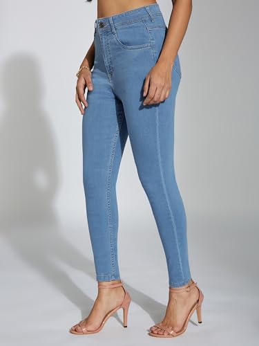 Image of Miss Chase Women's Skinny High Rise Cropped Fringed Hemline Detailing Stretchable Denim Jeans