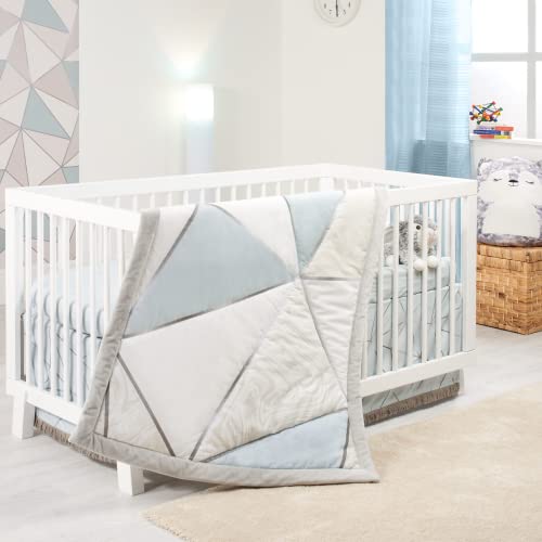 Image of OBERLUX Crib Bedding Set for Boys | 4-Piece Baby Nursery Bedding Crib Set | Geometric Patterns, Shiny Silver, Baby Blue & Marble Prints | Precious Collection
