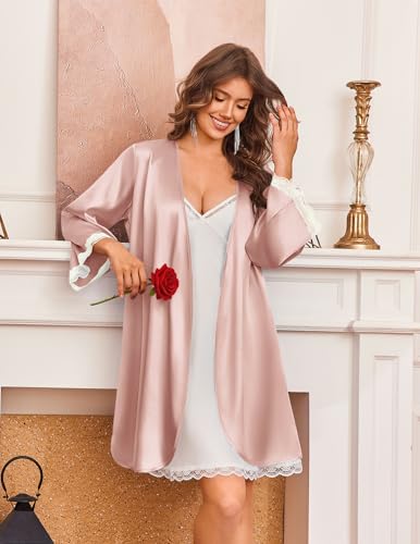 Ekouaer Women's Silk Robe Short Satin Kimono Robe 3/4 Sleeves Lace Trim Bathrobe V Neck Bride Bridsmaid Sleepwear with Pocket — view 3