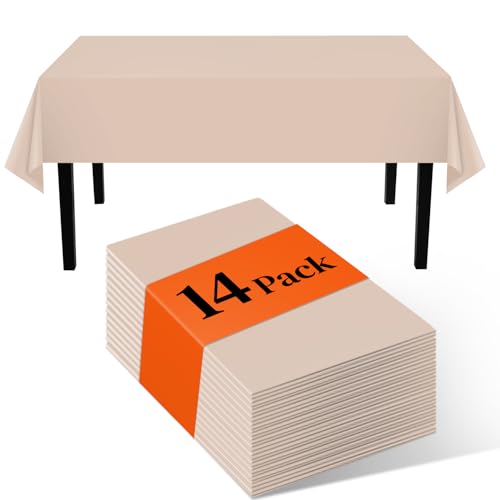 Image of Beige 14 Pack 54 x 108 Inch Plastic Tablecloths, Disposable Rectangle Tablecloth, Party Table Cover Plastic Table Cloth