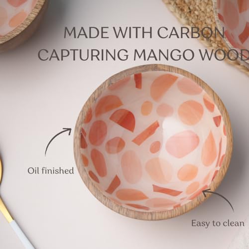 Image of Mango Wood Snack Bowls - Set of 1 Orange, Boho Decorative Bowl with Food Safe Designer Inlay. 4 inch Wooden Bowl for Salad, Fruit, Nuts, Cereals, Handmade Orange Bowls for Kitchen