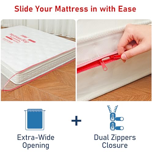 Image of ZCHENBS - King Mattress Bags for Moving, Waterproof Storage Bag with Zipper, Heavy-Duty 5 Mil Ultra-Thick California King Mattress Protector Cover for Moving, Reusable (Transparent /Red, 1 Pack)