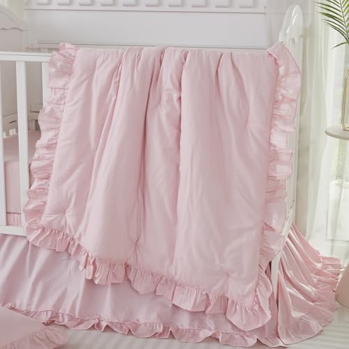 Image of Brandream Farmhouse Crib Bedding Sets for Girls and Boys | 3 Piece Nursery Set Pink Ruffles | Baby Comforter, Fitted Crib Sheet, Crib Skirt Included,100% Cotton Percale