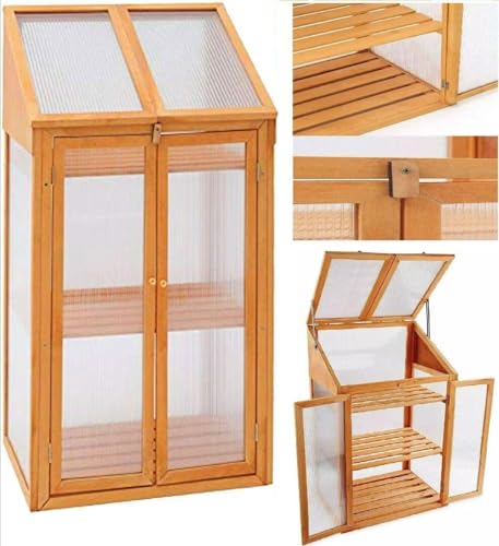 Image of GAM Mini Wooden Greenhouse with Polycarbonate Glazing – 3-Tier Cold Frame Small Green house for Garden, Balcony & Patio – Double Door Outdoor Greenhouse for Plants – H120 x W69 x D49 cm
