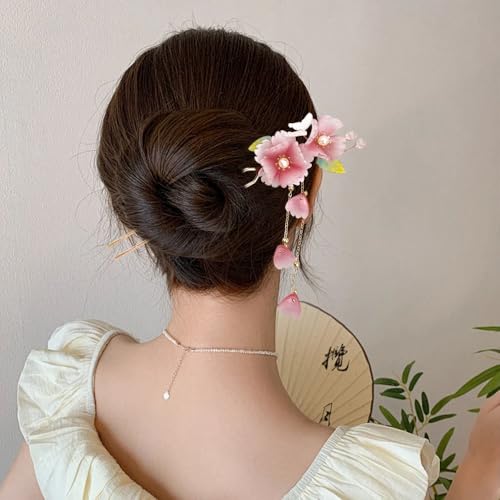 Pinza para cabello artesana con flor de durazno rosa y hojas, con borla miniatura 6