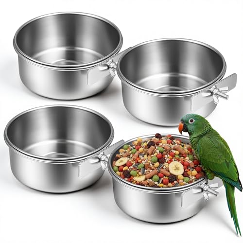 4 Pcs Bird Feeding Dish Cups, 15 OZ Detachable Stainless Steel Bird Food Bowls with Clamp, Hanging Pet Bowl for Cockatiel Parakeet Macaw Finches Lovebirds Small Animals