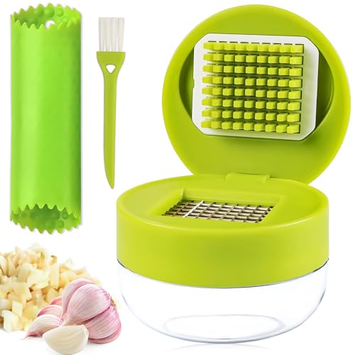 Tadpolez Prensa de Ajos & Mini Picadora – Set 3 Piezas Ø 7 cm con Rejilla 304 Inox, Recipiente Hermético 60 ml, Manual sin BPA, Apta Lavavajillas – Para Ajo | Jengibre | Chile