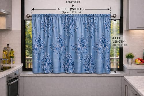 Image of Premium Light Filtering Valance Printed Rod Pocket Curtain, Set of 2, Washroom Curtain (Half Window - 3ft Turquoise)