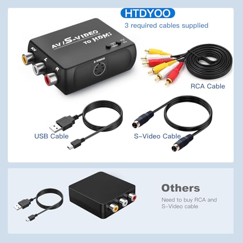 HTDYOO S Video RCA to HDMI Converter with RCA Cable + Svideo Cable + USB Cable, S-Video AV to HDMI Converte Compatible for PAL/NTSC for TV/PC/PS1/PS2/ STB/Xbox/VHS/VCR/DVD