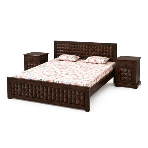 Image of SONA ART & CRAFTS Diamond Solid Sheesham Wood Bedroom Set | King Size Bed Without Storage, Wardrobe, Cabinet with Mirror & Two Bedside Tables - Walnut Finish (Assembly Included)