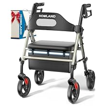 HOMLAND Foldable Rollator Walkers with Seat for Seniors, 8 Big Wheels, 350 lb. Weight Capacity, Adjustable Handles and Seat Height, Lightweight Rolling Walker, Light Gold