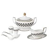 Porlien Checker Dinner Serving Set with Soup Tureen, Soup Ladles, Gravy Boat with Ladle and Stand an