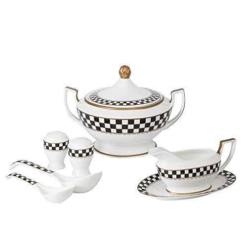 Porlien Checker Dinner Serving Set With Soup Tureen, Soup Ladles, Gravy Boat With Ladle And Stand And Salt & Pepper Shaker #TOP27