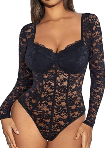 Avidlove Black Lace Bodysuit Long Sleeve Body Suits Womens Lace Body Suit with Snap Crotch Going Out Tops Black L