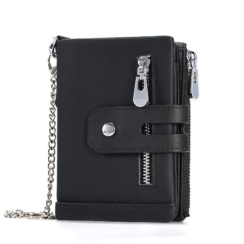 Cabailt Mens Wallet with Chain Genuine Leather Purse RFID Blocking Bifold Double Zipper Coin Pocket(Black)