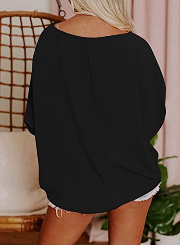 Dokotoo Womens Plus Size Scoop Neck Casual Tops Off The Shoulder Spring Summer Boho Tops Loose 3/4 Smocked Puff Sleeve Oversized Shirts Flowy Solid Color Blouses For Women Black Us(16-18) Xl #TOP2