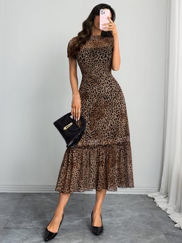 Image of GothDark Women's Summer Floral Mesh Ruffle Dress Short Sleeve Round Neck Waist Cinched Casual Maxi Wedding Guest Dresses