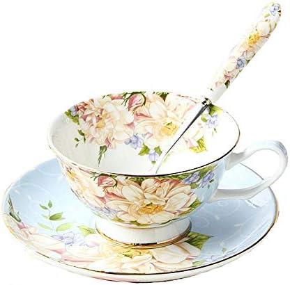 Gift Set Vintage Fine Bone China Tea Cup Spoon and Saucer Set Gold Trim Fine Dining and Table Décor (Pink Rose)