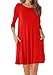 TINYHI Women's O-Neck 3/4 Sleeves Tunic Pocket Loose Casual Swing Tshirt Dress(Red,Medium)