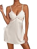 Verdusa Women's Lace Trim Satin Slit Side Nightdress Bridal Sleepwear Nightgown White S