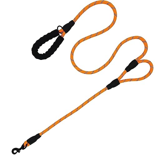 Image of 5FT Strong Dog Leash with Comfortable Padded Handle and Highly Reflective Threads Dog Leashes for Small Medium and Large Dogs (Double Handle - Orange)