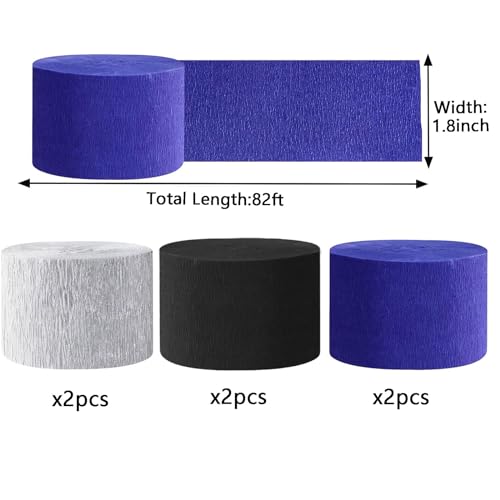 Image of We Moment Black and Blue Silvery Crepe Paper Streamers Party Streamer 1.8 Inch Widening 6 Rolls,Black Blue Party Decorations Streamer 82 feet per roll for Birthday Party Decorations