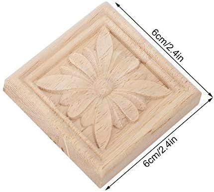 4Pcs 6x6cm Carving Checkered Applique Unpainted Decal for Furniture Decoration Natural Wood Appliques Square Flower Carving Decals Decorative Wooden Craft (4#) - Image 3