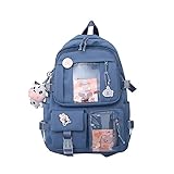 Eagerrich Cute Backpack with Cute Pin Accessories Plush Pendant for School Bag Student Girl Backpack Super-Capacity Waterproof Travel Backpack(Blue-2)