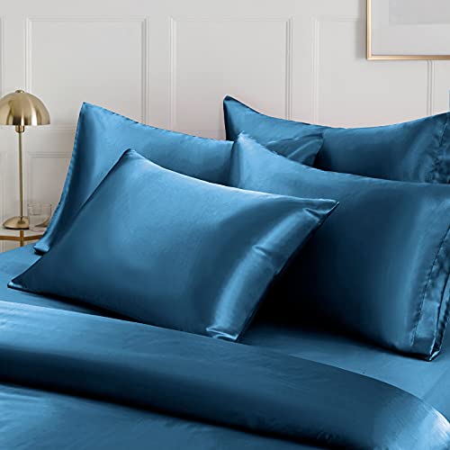 Image of Ersmak 6 Pieces Satin Duvet Cover King Size Luxury Silky Bedding Duvet Cover Set with 1 Soft Duvet Cover, 4 King Pillowcases and 1 Body Pillowcase, Navy Blue