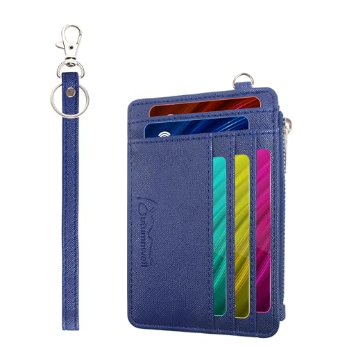 Credit Card Holder Wallet RFID Blocking Leather Small Wallet for Women Slim Minimalist Front Pocket Wristlet Wallets for Women （Navy Blue）