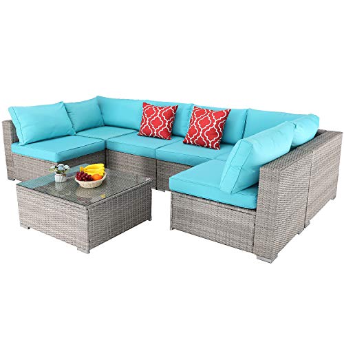 Furnimy 7 PCS Outdoor Sectional Patio Furniture Set Cushioned Sectional Conversation Sofa Set Rattan Wicker Gray with Tempered Glass Coffee Table and 2 Red Pillows (Turquoise)