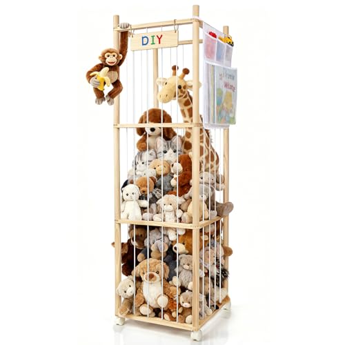 Stuffed Animal Storage Organizer, Wooden Zoo Stuffed Animal Holder with Wheels, Large Capacity Organizer with Storage Bag, Toy Organizer with Elastic Cords for Playroom, Bedroom, Nursery