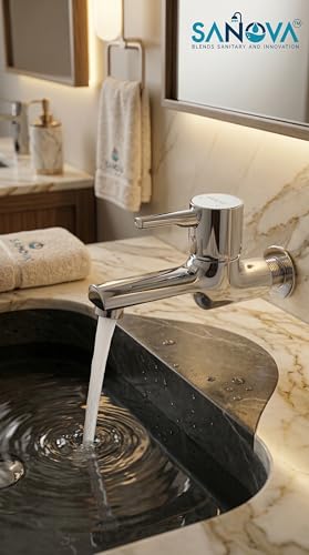 Image of Sanova Prime Heavy Duty Longbody Cock | Brass Cartridge | Steel Body | Heavy Handle | Chrome Finish | Wall Mounted Kitchen Sink Faucet
