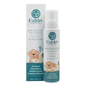 Fabby Furever Anti Tick & Flea Waterless Dry Shampoo for Dogs, Cats and Pups of All Breeds, Effective for Itching, Dry Skin and Infections, Daily Use, Natural and Safe for Pets, 200 ml