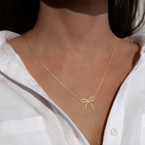 Non Tarnish Gold Bow Necklace, 14K Gold Plated Bow Necklace for Women, Flawless Hand-Polished Bow Pendant Necklace for Women Trendy, Dainty Chain Necklace Gifts for Her2