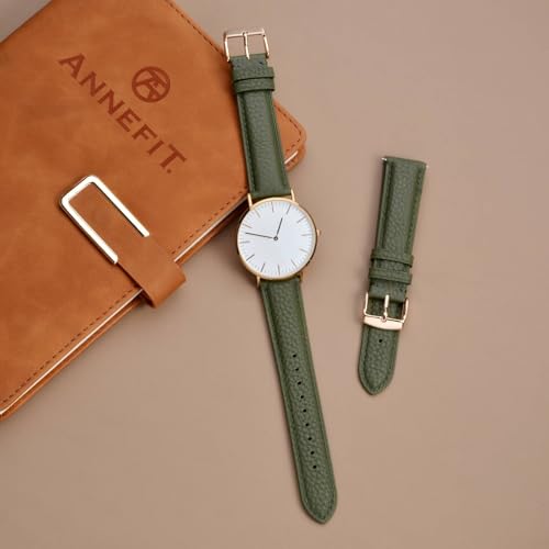 Image of ANNEFIT Watch Band 17mm, Quick Release Textured Padded Leather Straps with Rose Gold Buckle for Men and Women (Army Green)