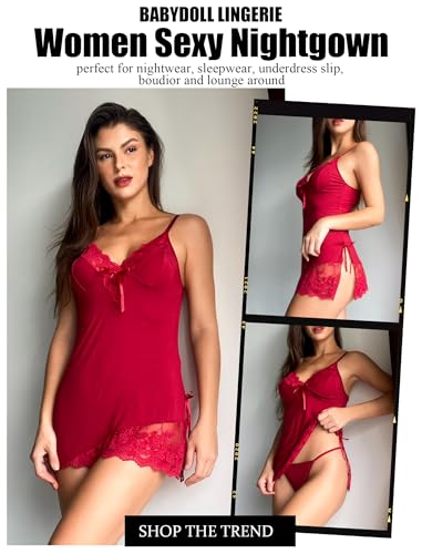 Avidlove Women Lingerie Lace Modal V Neck Sexy Chemise Nightgown Wine Red - image 2
