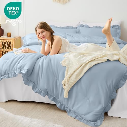 Image of FUANNA Queen Comforter Set Grayish Blue, 3 Pieces Ruffle Queen Bed Set, Fluffy Bed in a Bag Queen for All Seasons, Shabby Chic Bedding Comforter Sets with 1 Lightweight Comforter & 2 Pillowshams