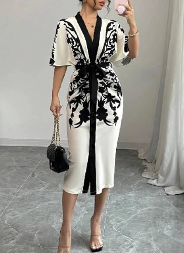Women's 2025 Summer Black and White Print Classy Trendy V Neck Batwing Short Sleeve Waist Tie Elegant Party Midi Dress2