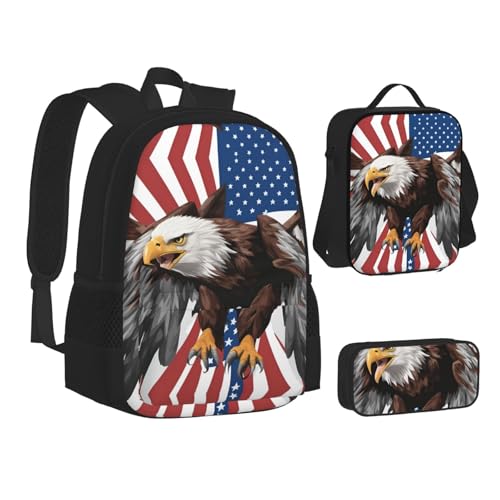 Eagle With Usa Flag 3-Piece Set Backpack, Lunch Bag, And Pencil Case, Casual Cute Sets For Travel And College2