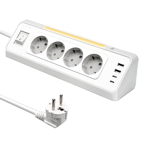 Ecksteckdose Küche 4 Fach Mehrfachsteckdose mit 2 USB & 2 Type-C 3680W/16A Ecksteckdose mit LED Überspannungsschutz platzsparend für Haushalt Büro Küche wandmontierbar 2M Kabel