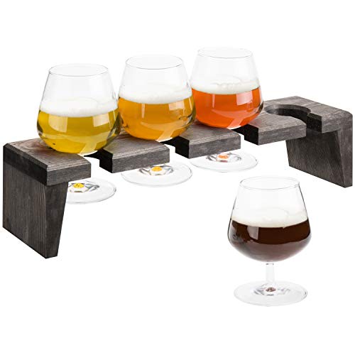 4 Snifter Style Tasting Glasses in Vintage Gray Wood Server