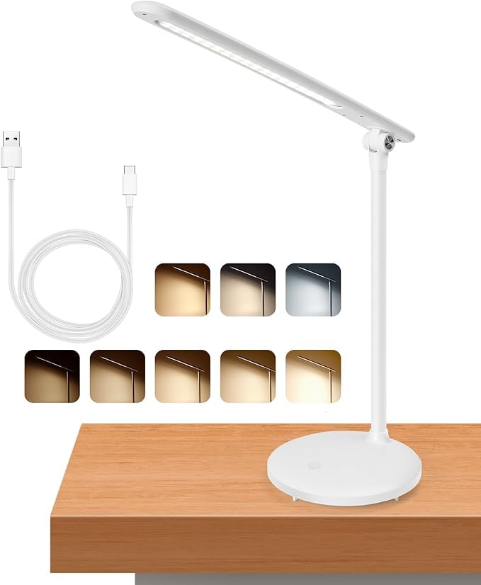 Aigostar lámpara escritorio LED, flexo de escritorio plegable, 3 modos, 5 niveles de brillo, puerto tipo C, con 100cm cable, función de memoria, flexible ajustable, control táctil, blanco