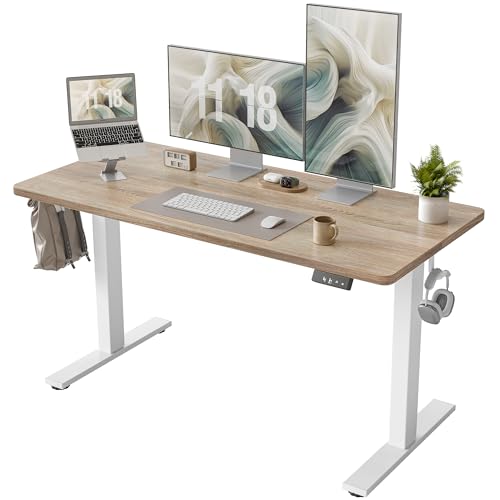 TIQLAB Height Adjustable Electric Standing Desk, 55 x 24 inch, Sit Stand Up Desk, Splice Board, Computer Home Office Desk, White Frame/Maple Top