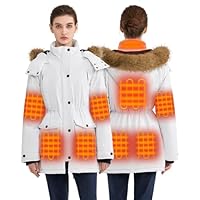 Hecusma Blanc Veste Chauffante Femme avec Batterie 18400mAh 12V, Batterie Veste Chauffante, Parka Femme Vestes avec Capuche Amovible pour Extérieur-M