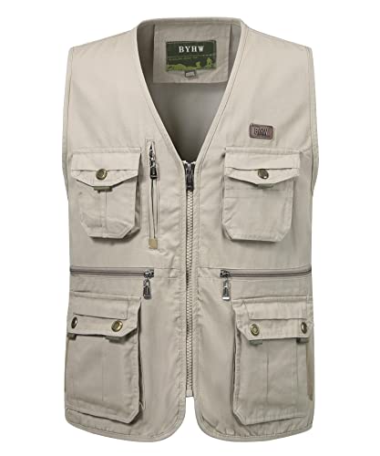 KTWOLEN Gilet de Pêche pour Homme Veste Sans Manches de Voyage Gilet Multi-poches de Plein Air Gilet Chasse Peche Photographe, Beige, 4XL