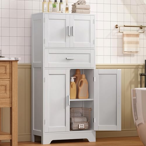 Image of TEENFON Bathroom Storage Cabinet with Adjustable Shelf & Large Drawer | Tall Storage Cabinet with 4 Doors, Kitchen Pantry Storage Cabinets, for Living Room, Dining Room, Entryway, White